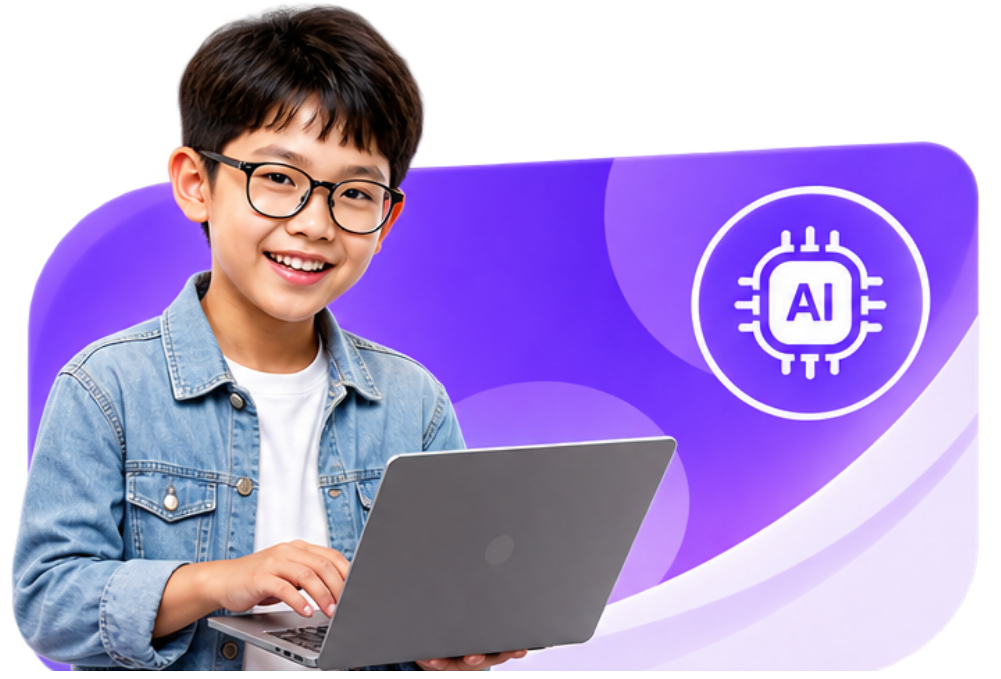 Bé trai đeo kính sử dụng laptop khám phá AI