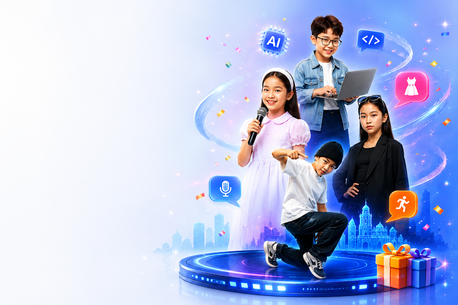 Bốn bé trải nghiệm MC nhí, AI cho trẻ em, Người mẫu nhí, Nhảy hiện đại tại FOR FUTURE Opening Fest 2026